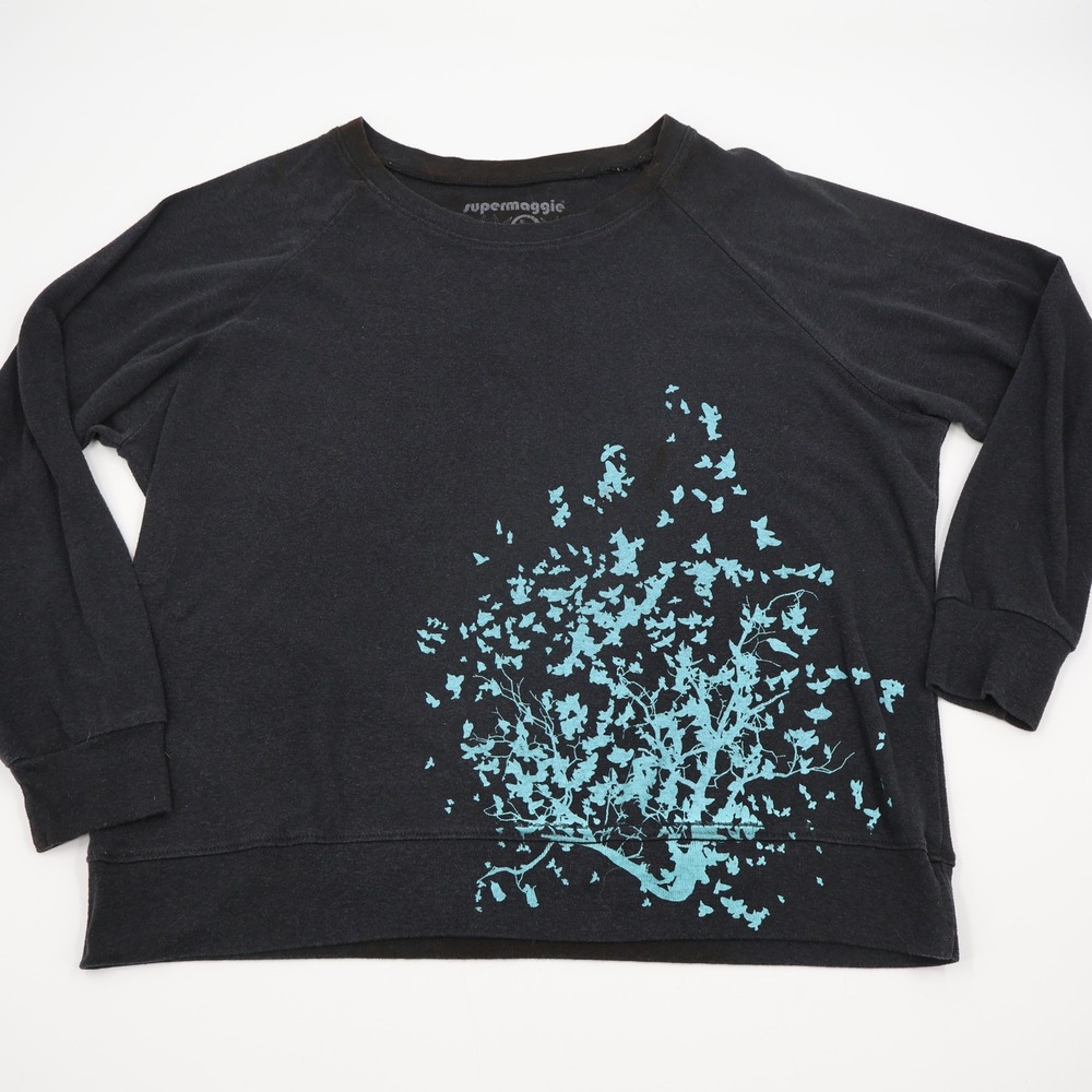 Supermaggie Graphic Pullover Women Large Black Teal Bird Tree Raglan Sweatshirt
